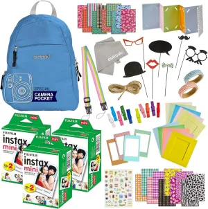100 Piece Instax Mini 9 Mini 11 Camera Accessories - Travel Kit Bundle-Backpack Shoulder Bag, 60 Sheets Instant Film, Lens Cleaning Cloth, Strap, Washi Tape, Stickers,Photo Frames, Album - Cobalt Blue