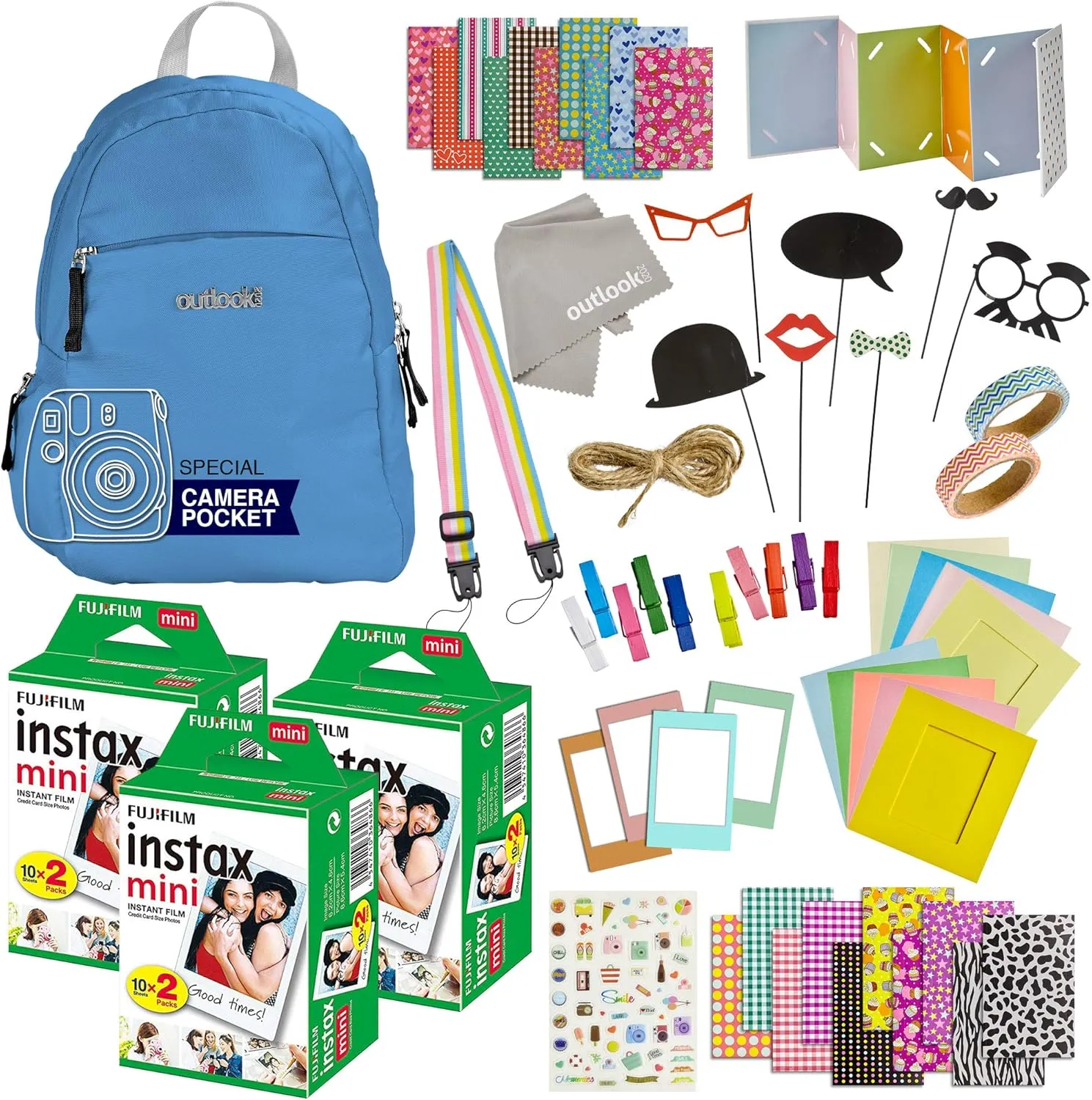 100 Piece Instax Mini 9 Mini 11 Camera Accessories - Travel Kit Bundle-Backpack Shoulder Bag, 60 Sheets Instant Film, Lens Cleaning Cloth, Strap, Washi Tape, Stickers,Photo Frames, Album - Cobalt Blue