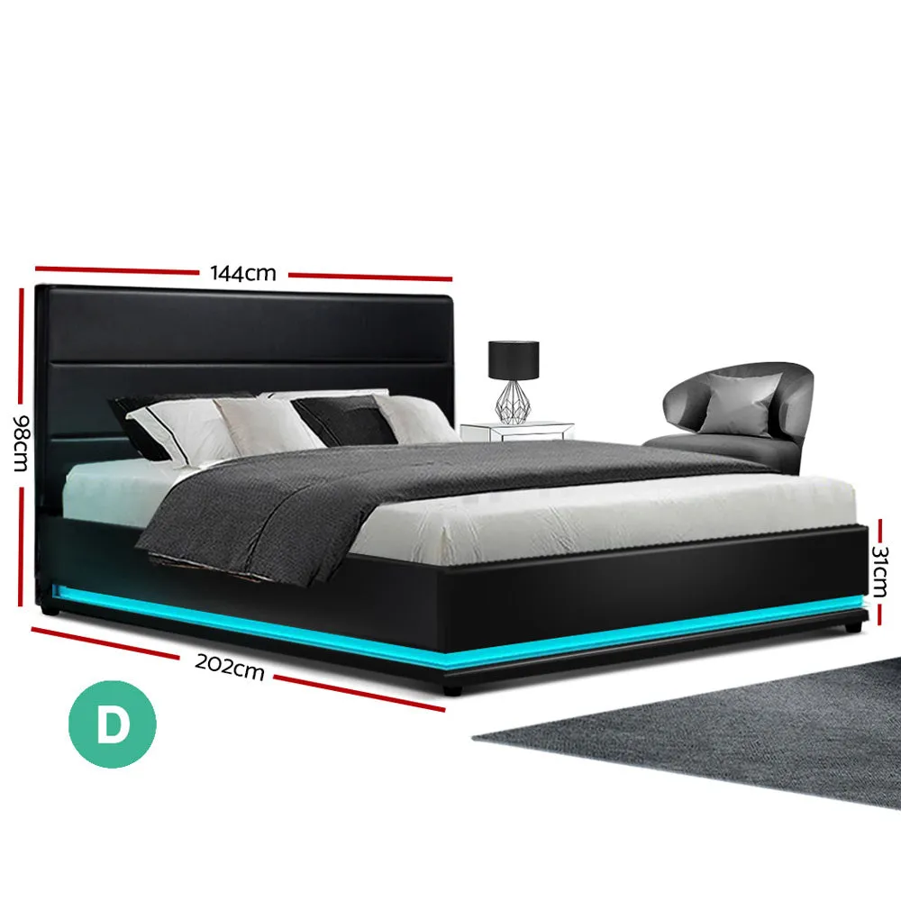 Artiss Lumi LED Bed Frame PU Leather Gas Lift Storage - Black Double