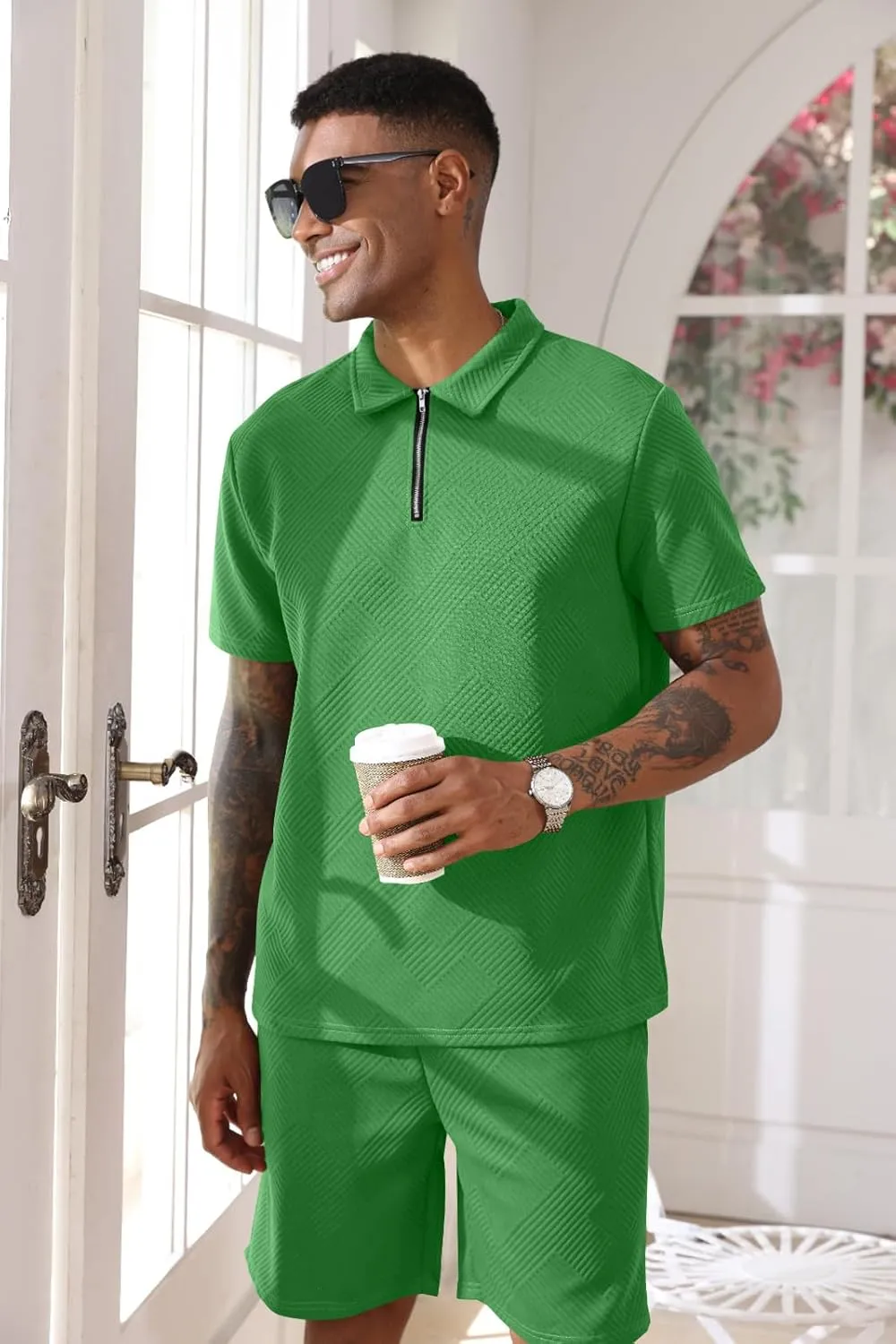Aulemen Mens 2 Piece Zip Tracksuit Short Sleeve Print Polo Shirt and Shorts Sets Summer Outfits for Men