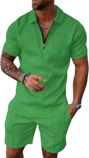 Aulemen Mens 2 Piece Zip Tracksuit Short Sleeve Print Polo Shirt and Shorts Sets Summer Outfits for Men