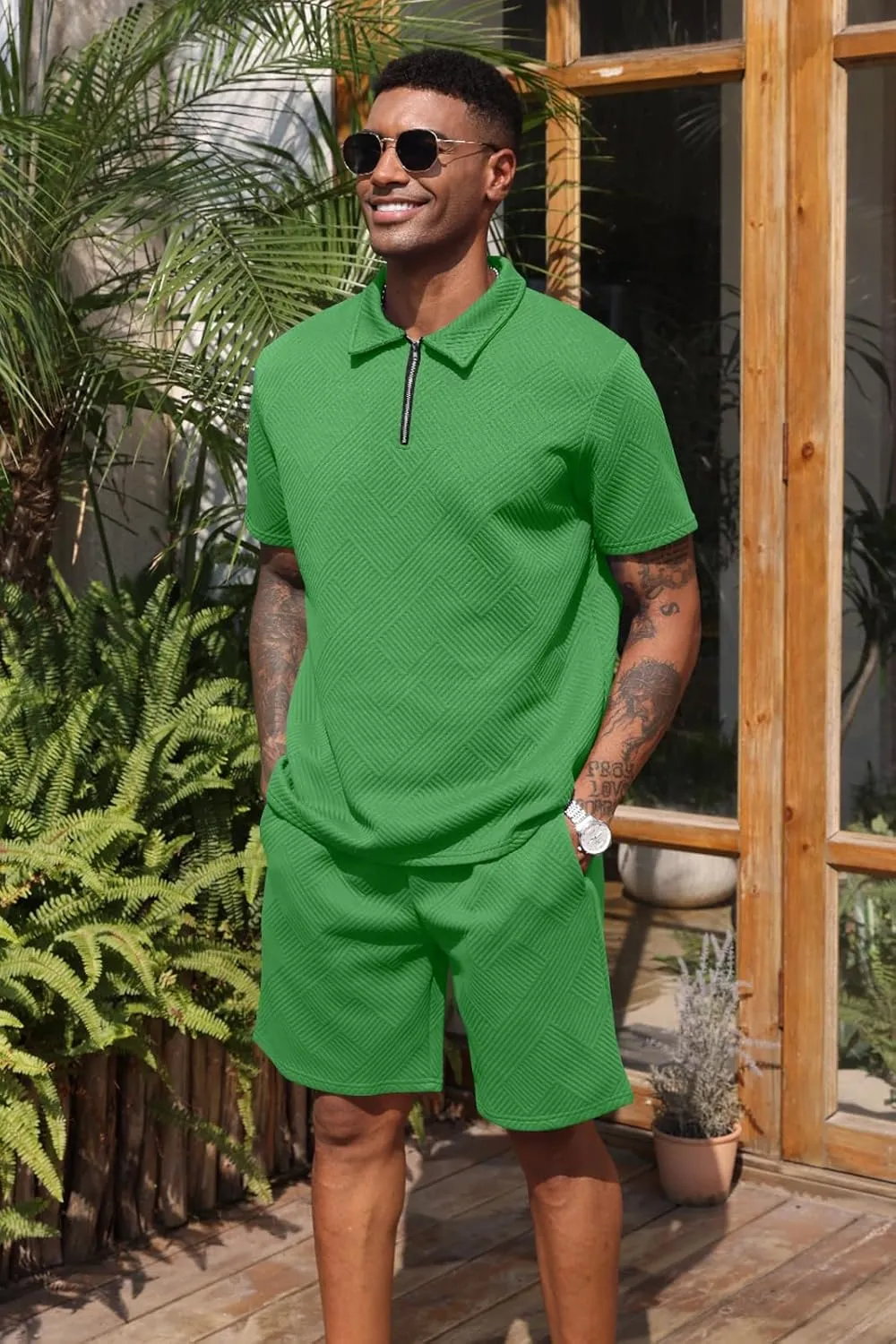 Aulemen Mens 2 Piece Zip Tracksuit Short Sleeve Print Polo Shirt and Shorts Sets Summer Outfits for Men