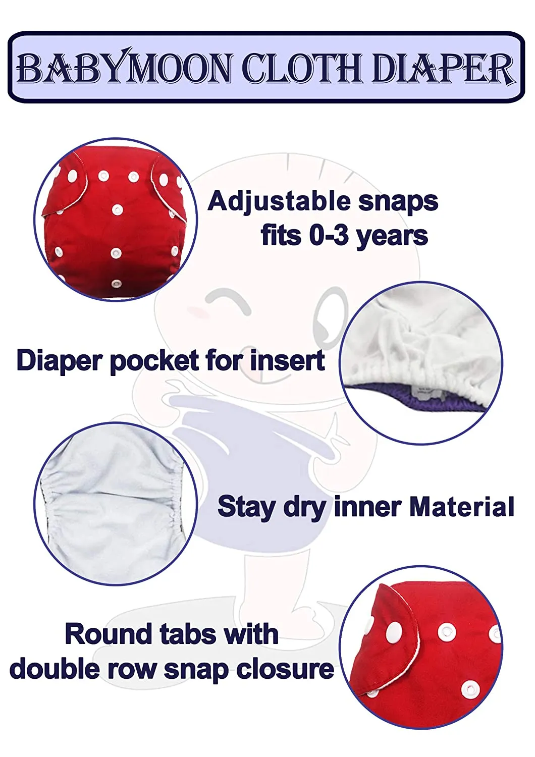 Babymoon 1 Cloth Diaper with 5Layers Grey Insert Premium Adjustable Reusable Cloth Diaper (I Love Mammy)