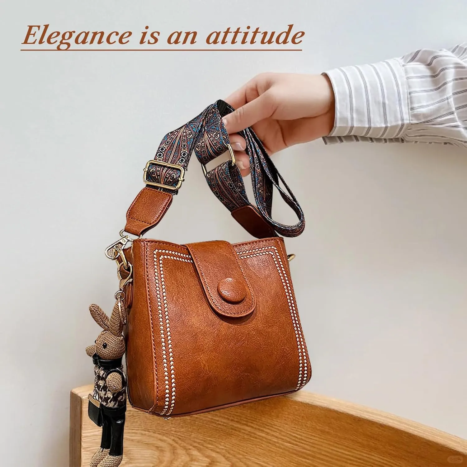 Bootara Bucket Bag, Bootara Women's Vintage Bunny Charm Bucket Bag  Convertible Shoulder Crossbody (Brown)