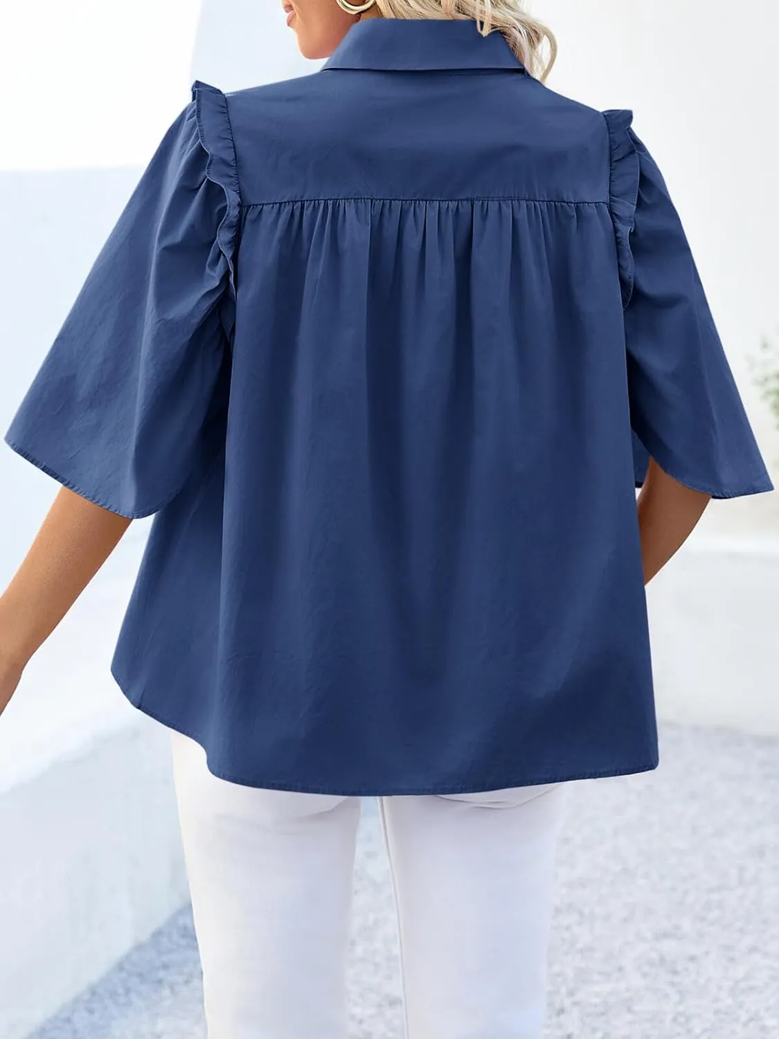 Cicy Bell Womens Summer Button Down Shirts Short Ruffle Puff Sleeve Cotton Blouses Dressy Casual Ladies Tops