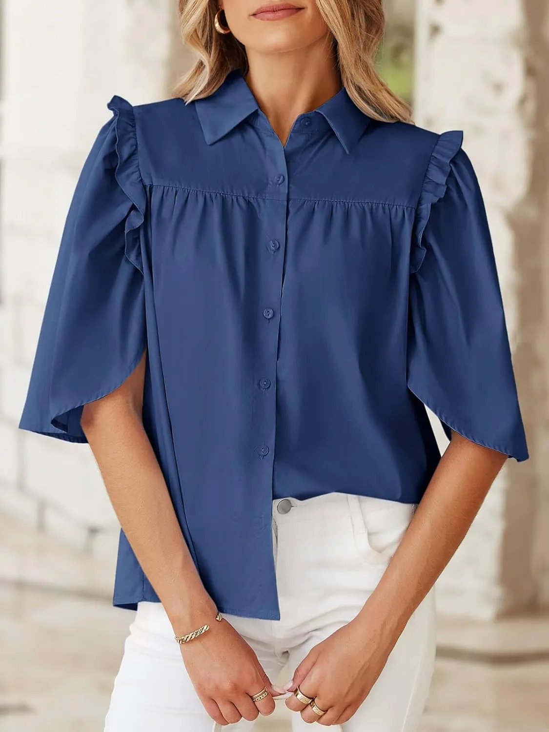 Cicy Bell Womens Summer Button Down Shirts Short Ruffle Puff Sleeve Cotton Blouses Dressy Casual Ladies Tops