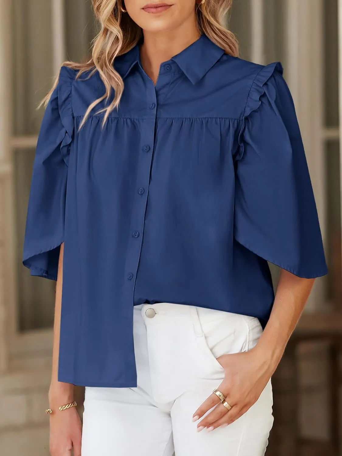 Cicy Bell Womens Summer Button Down Shirts Short Ruffle Puff Sleeve Cotton Blouses Dressy Casual Ladies Tops