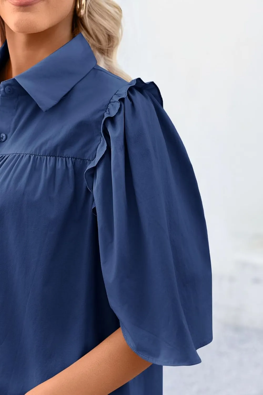 Cicy Bell Womens Summer Button Down Shirts Short Ruffle Puff Sleeve Cotton Blouses Dressy Casual Ladies Tops