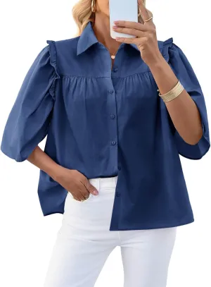 Cicy Bell Womens Summer Button Down Shirts Short Ruffle Puff Sleeve Cotton Blouses Dressy Casual Ladies Tops