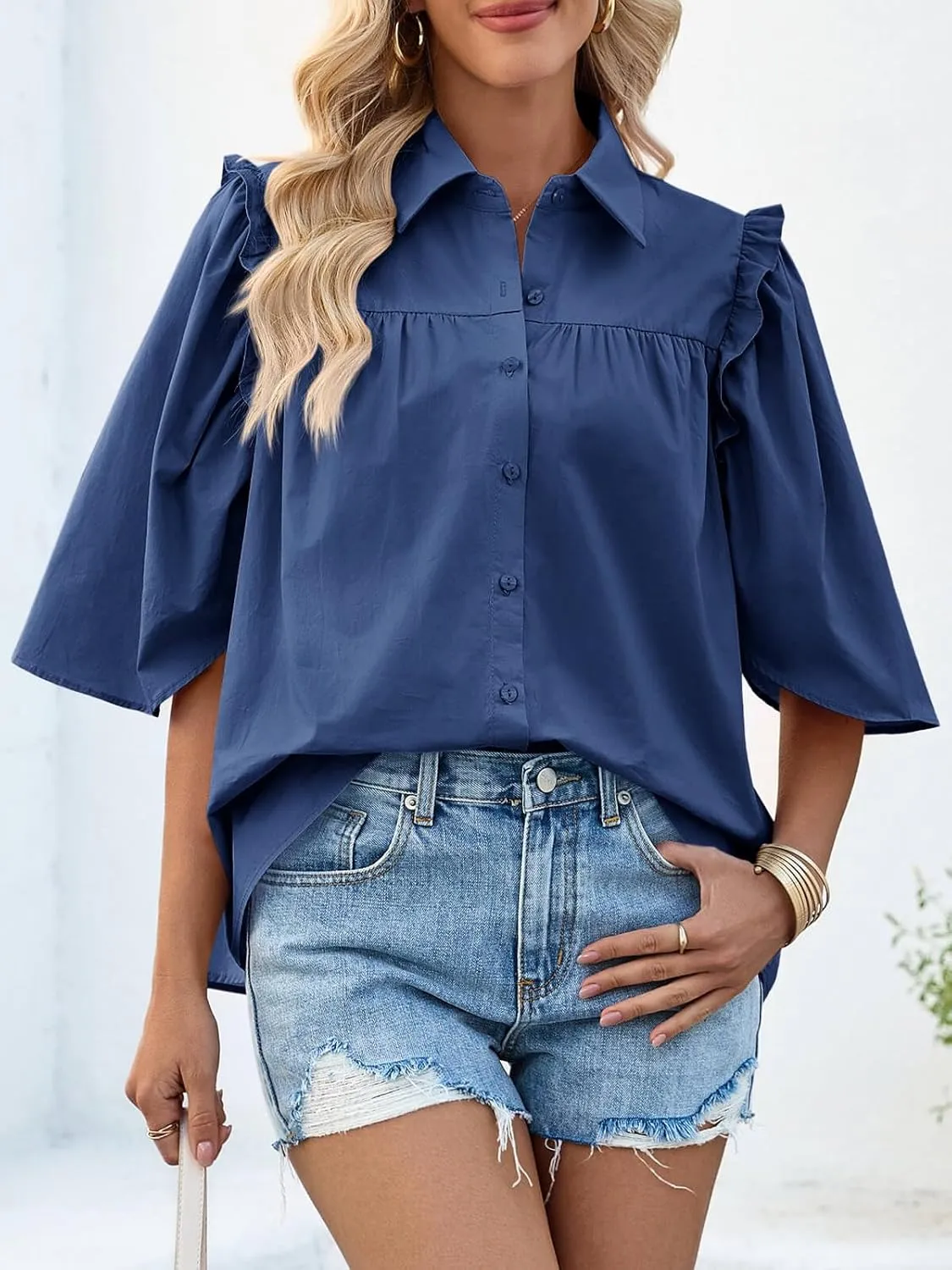 Cicy Bell Womens Summer Button Down Shirts Short Ruffle Puff Sleeve Cotton Blouses Dressy Casual Ladies Tops