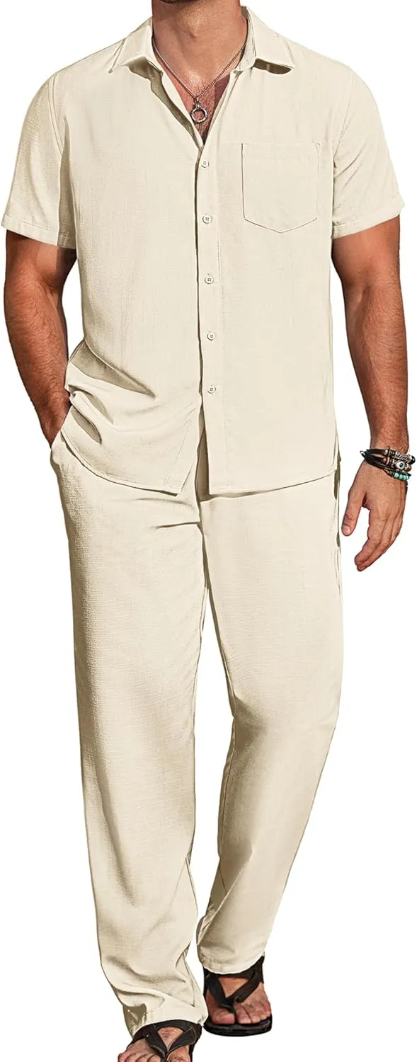 COOFANDY Mens 2 Piece Casual Beach Outfits Short Sleeve Button Down Shirts Summer Loose Pant Sets Vacation Walking Outfits