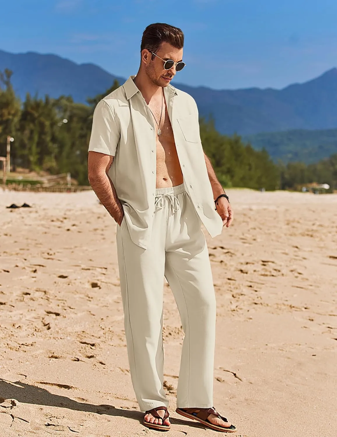 COOFANDY Mens 2 Piece Casual Beach Outfits Short Sleeve Button Down Shirts Summer Loose Pant Sets Vacation Walking Outfits