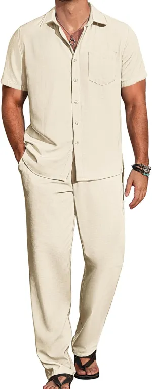 COOFANDY Mens 2 Piece Casual Beach Outfits Short Sleeve Button Down Shirts Summer Loose Pant Sets Vacation Walking Outfits