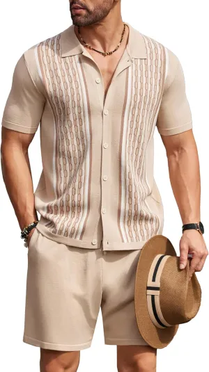COOFANDY Men's 2 Piece Outfit Vintage Short Sleeve Button Down Knit Polo Shirts Casual Beach Shorts Sets