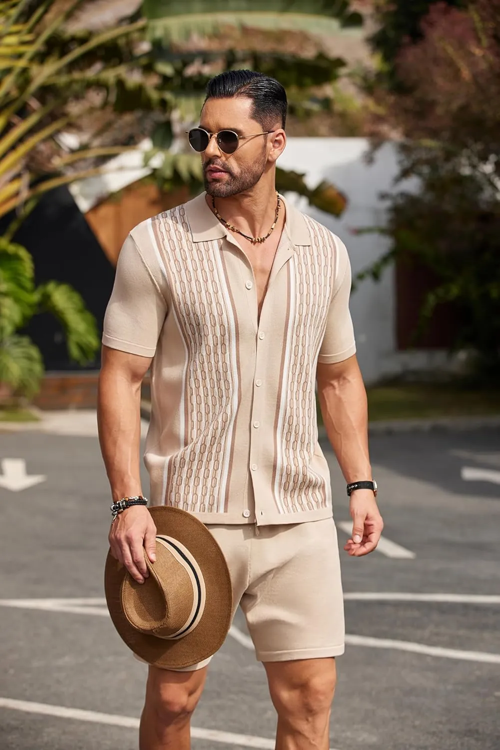 COOFANDY Men's 2 Piece Outfit Vintage Short Sleeve Button Down Knit Polo Shirts Casual Beach Shorts Sets