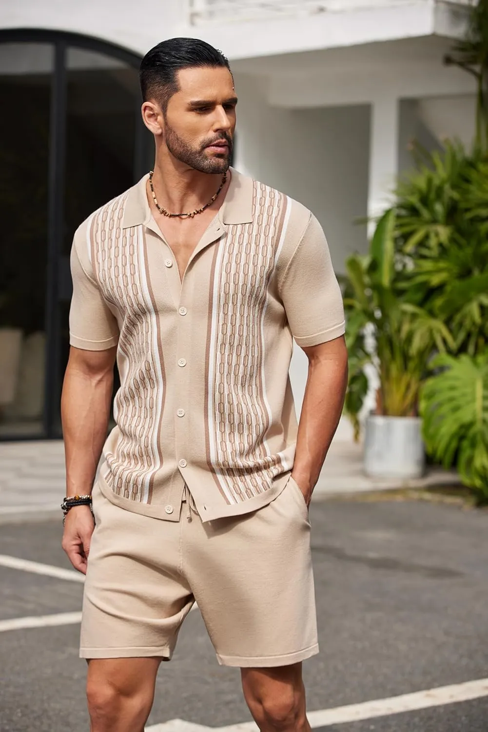 COOFANDY Men's 2 Piece Outfit Vintage Short Sleeve Button Down Knit Polo Shirts Casual Beach Shorts Sets