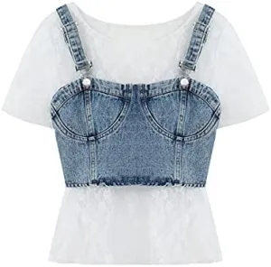Cotton Shirts for Women Women's 2-Piece Blouse, Short-Sleeved Bottoming, Short Denim Camisole   Women's T-Shirt Set
