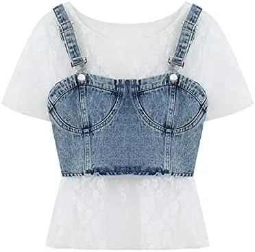 Cotton Shirts for Women Women's 2-Piece Blouse, Short-Sleeved Bottoming, Short Denim Camisole   Women's T-Shirt Set