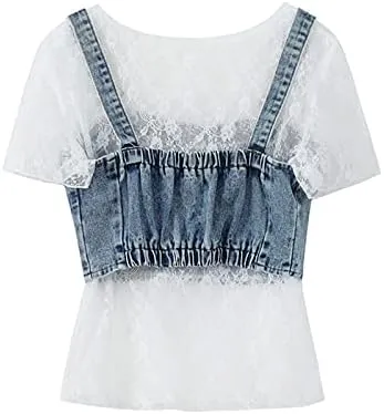 Cotton Shirts for Women Women's 2-Piece Blouse, Short-Sleeved Bottoming, Short Denim Camisole   Women's T-Shirt Set