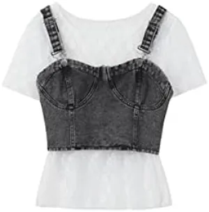 Cotton Shirts for Women Women's 2-Piece Blouse, Short-Sleeved Bottoming, Short Denim Camisole   Women's T-Shirt Set