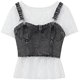 Cotton Shirts for Women Women's 2-Piece Blouse, Short-Sleeved Bottoming, Short Denim Camisole   Women's T-Shirt Set