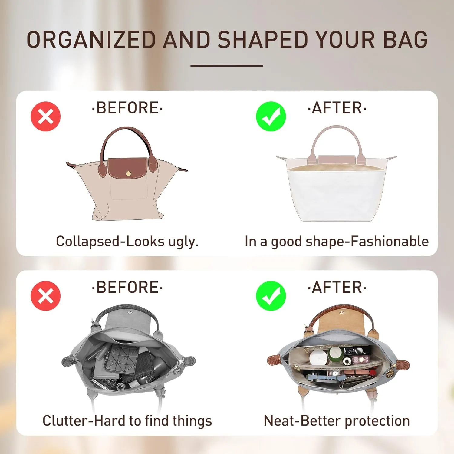 Doxo Purse Organizer Insert Compatible with Longchamp Le Pliage S Handbag and More, Lightweight Waterproof Handbag Organizer Bag Insert Shaper for Small Purse(Black, S)