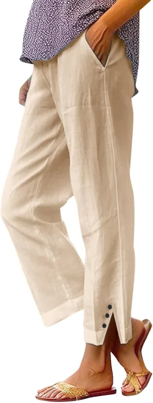 Fleece Lined Leggings Women Elastic Pants Long Drawstring Linen Women Waist Cotton Casual Trousers with Side Pockets