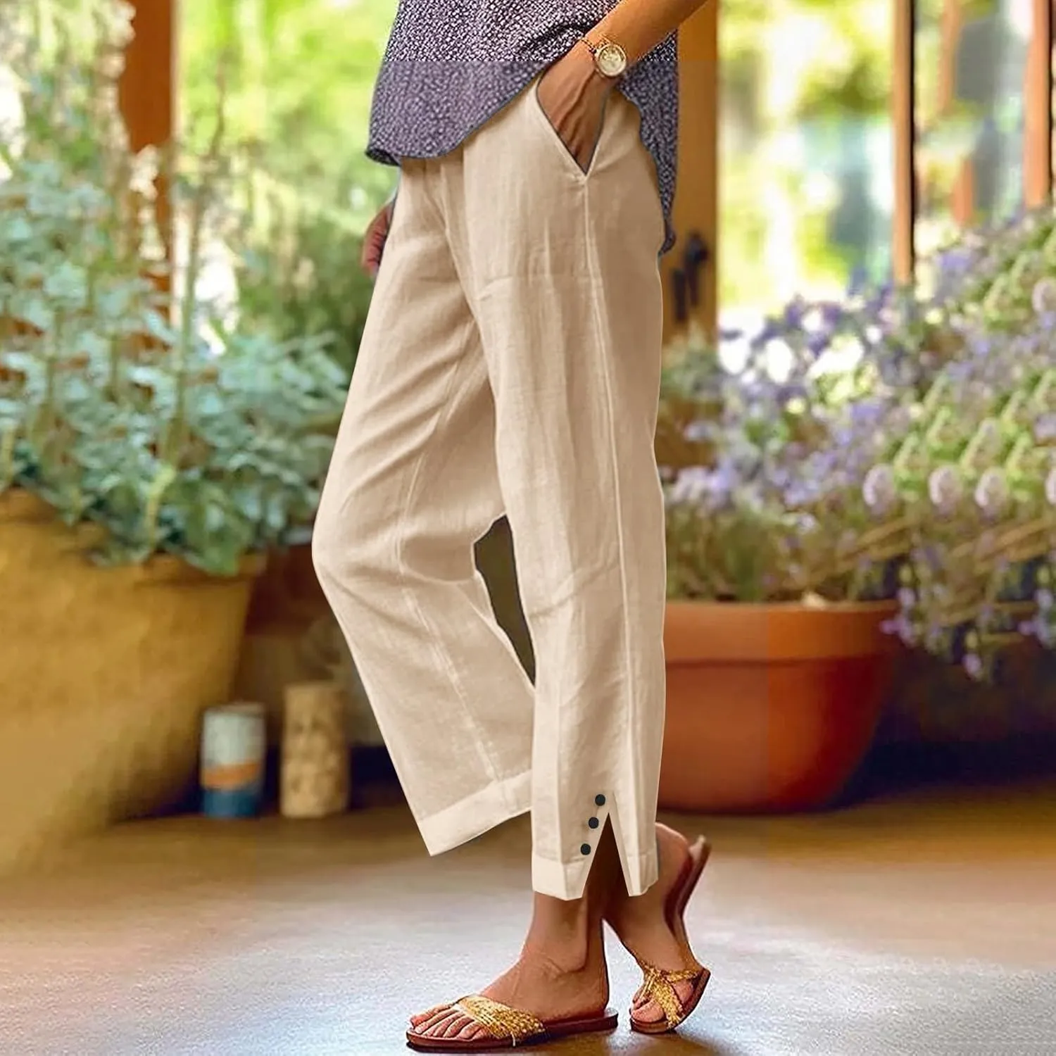 Fleece Lined Leggings Women Elastic Pants Long Drawstring Linen Women Waist Cotton Casual Trousers with Side Pockets