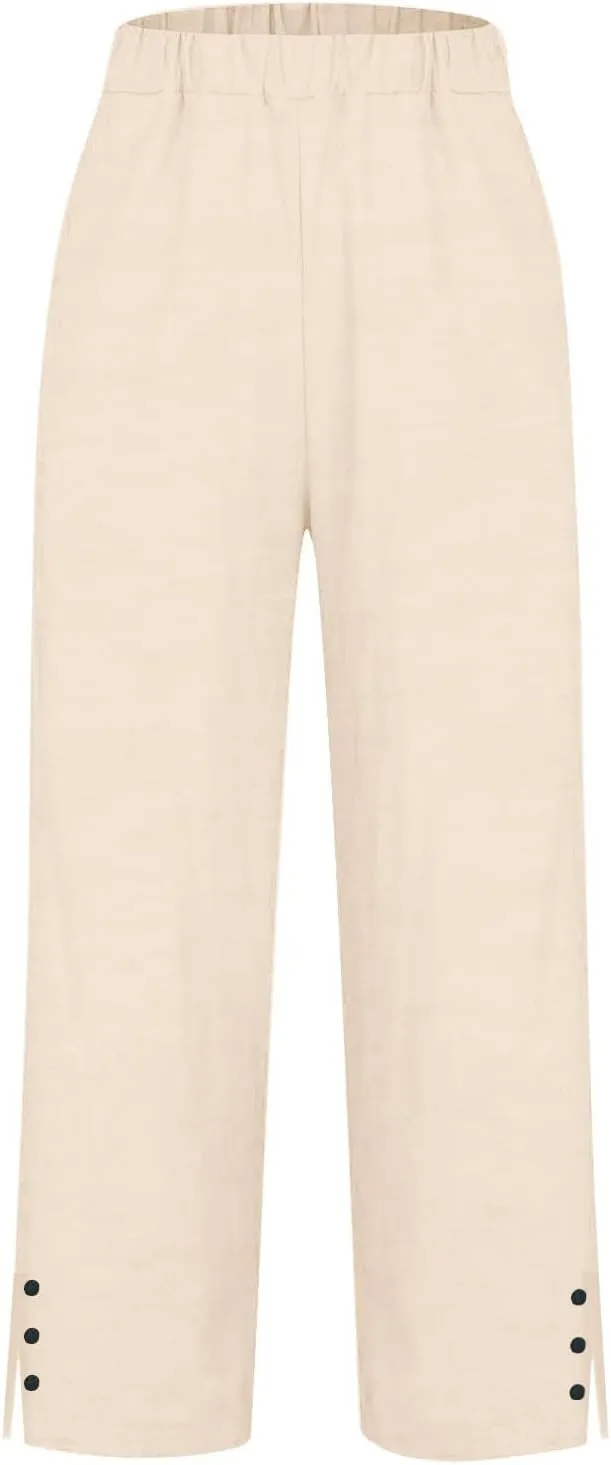 Fleece Lined Leggings Women Elastic Pants Long Drawstring Linen Women Waist Cotton Casual Trousers with Side Pockets