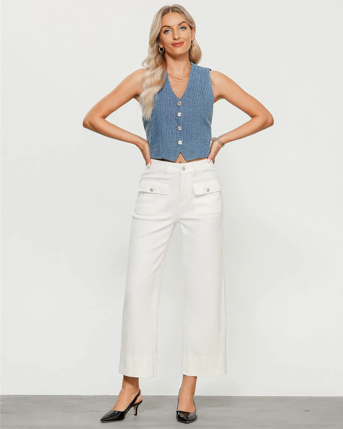 GRAPENT Wide Leg Jeans for Women Trendy High Waisted Straight Leg Cropped Stretchy Denim Pants with Retro Patch Pockets