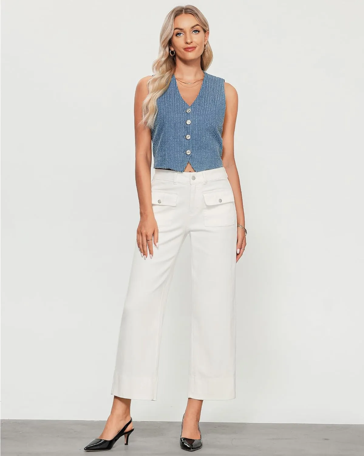 GRAPENT Wide Leg Jeans for Women Trendy High Waisted Straight Leg Cropped Stretchy Denim Pants with Retro Patch Pockets
