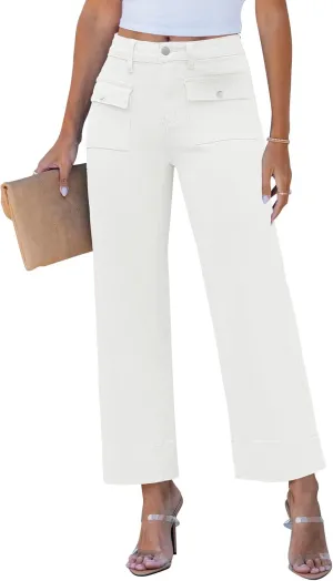 GRAPENT Wide Leg Jeans for Women Trendy High Waisted Straight Leg Cropped Stretchy Denim Pants with Retro Patch Pockets
