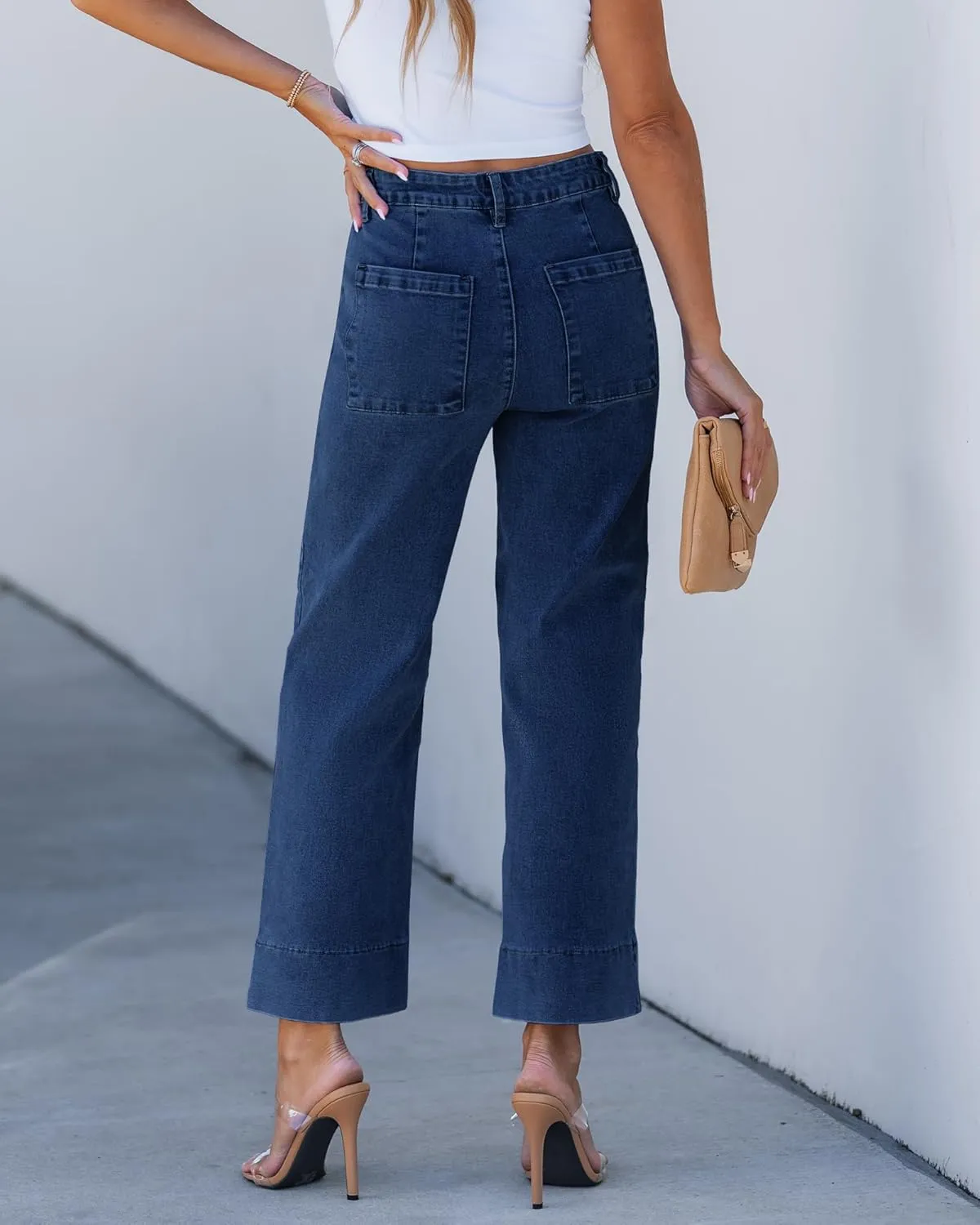 GRAPENT Wide Leg Jeans for Women Trendy High Waisted Straight Leg Cropped Stretchy Denim Pants with Retro Patch Pockets