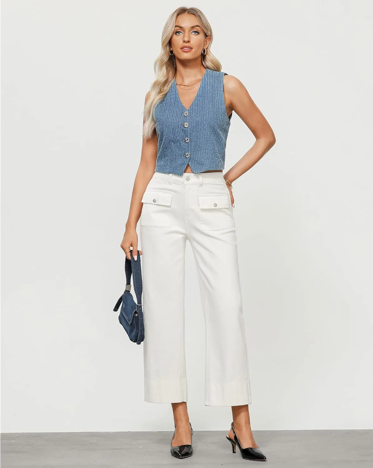 GRAPENT Wide Leg Jeans for Women Trendy High Waisted Straight Leg Cropped Stretchy Denim Pants with Retro Patch Pockets