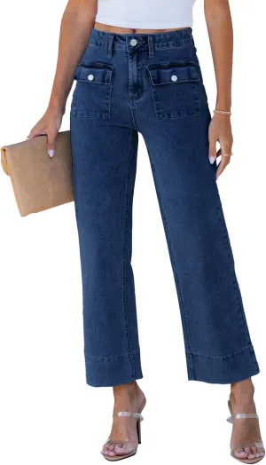 GRAPENT Wide Leg Jeans for Women Trendy High Waisted Straight Leg Cropped Stretchy Denim Pants with Retro Patch Pockets