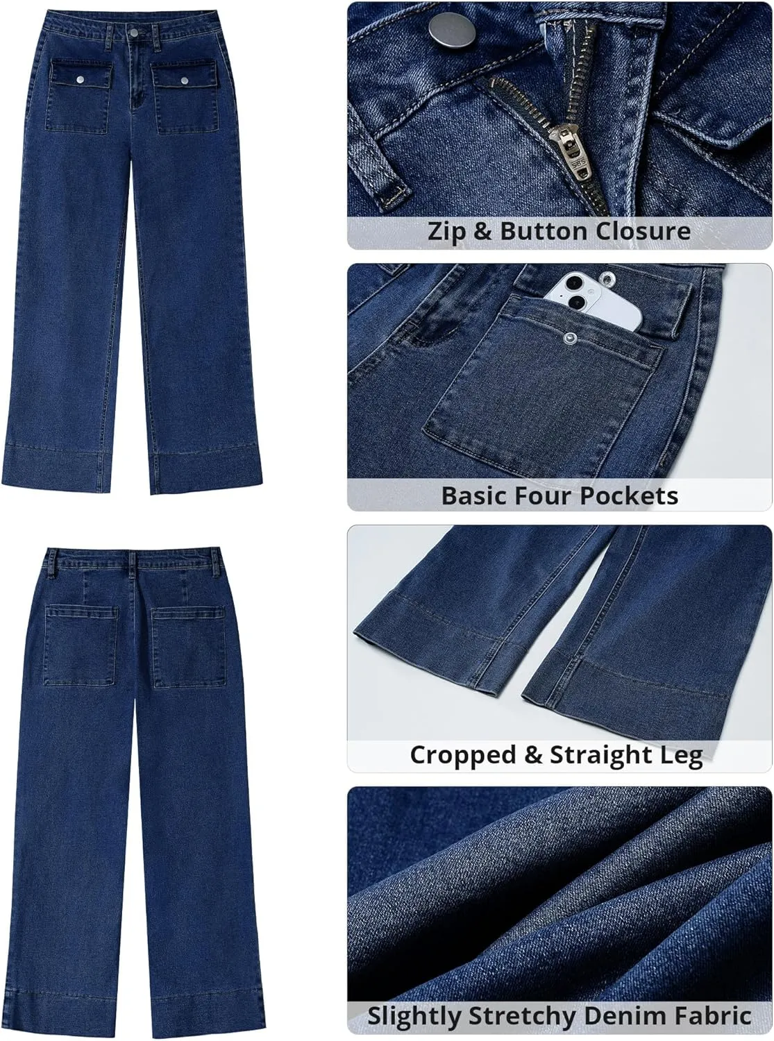 GRAPENT Wide Leg Jeans for Women Trendy High Waisted Straight Leg Cropped Stretchy Denim Pants with Retro Patch Pockets