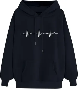 Hooded Sweatshirts for Women Cute Heart Print Hoodies Funny Graphic Long Sleeve Pullover Tops With Pockets