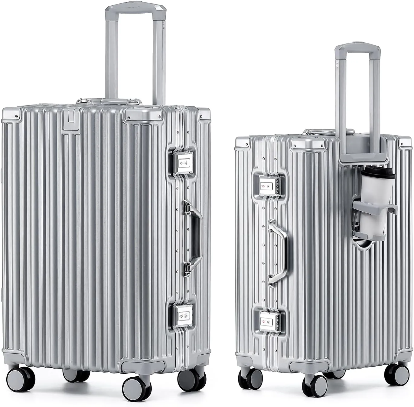 HotWay 20 Inch Aluminum Frame Carry On Luggage with Spinner Wheels, PC Hard Shell Suitcase with Cup Holder, Zipperless Luggage for Business Travel, Silver