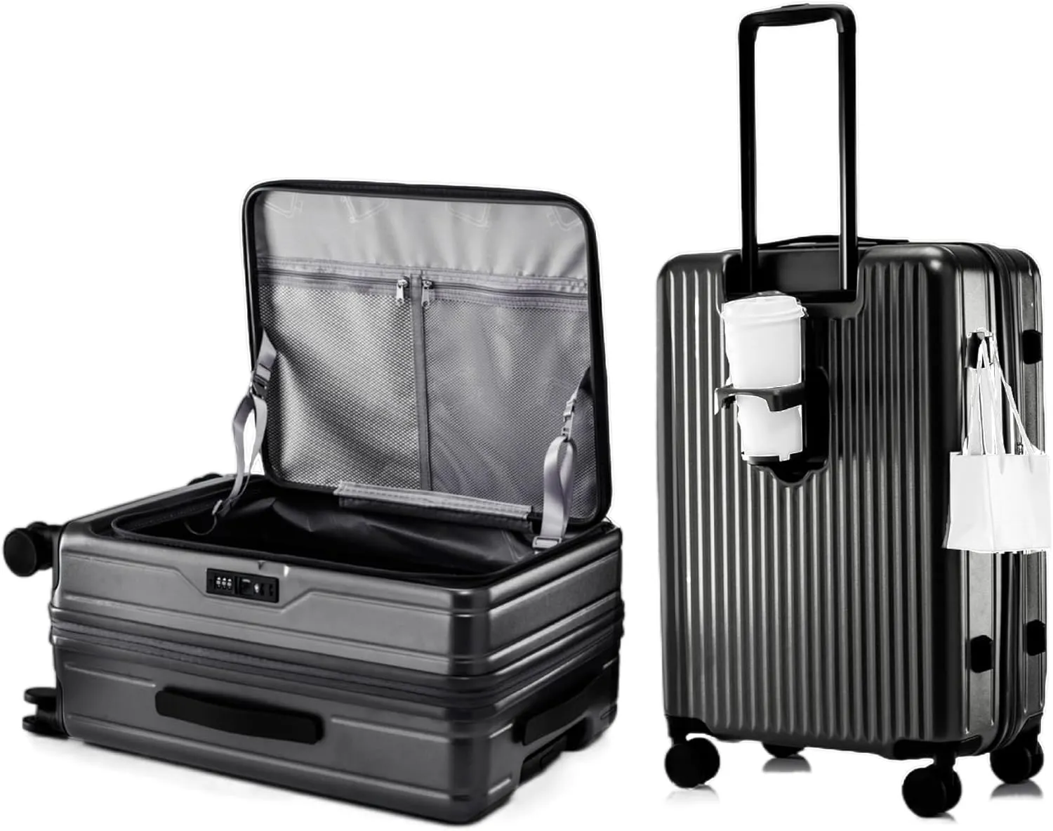 HotWay 20 Inch Expandable Carry On Luggage with Cup Holder, Hardside TSA Approved Luggage with Spinner Wheels, Top Opening Suitcase For Travel, Black