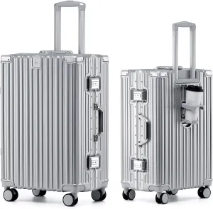HotWay 26 Inch Aluminum Frame Luggage with Spinner Wheels, PC Hard Shell Suitcase with Cup Holder, Zipperless Luggage for Business Travel, Silver