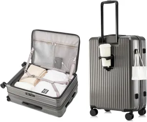 HotWay 26 Inch Expandable Checked Luggage with Cup Holder, Hardside TSA Approved Luggage with Spinner Wheels, Top Opening Suitcase For Travel, Gray