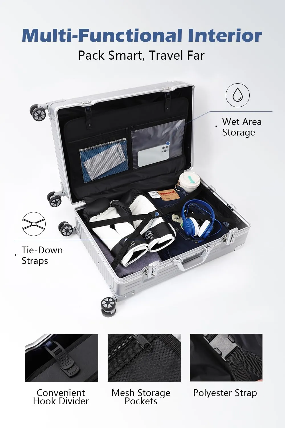 HotWay 28 Inch All Aluminum Checked in Luggage, Hard Shell Suitcase with Spinner Wheels and TSA Lock, Large Suitcase for Business Travel