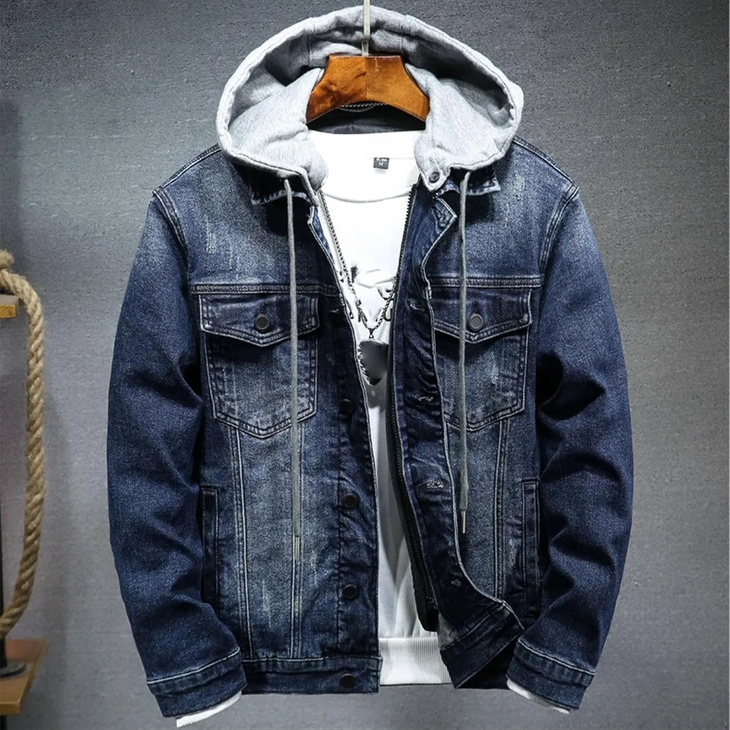 JEKE-DG Men Hoodie Jean Jacket Casual Slim Fit Denim Jacket Casual Long Sleeve Distressed Trucker Outwear with Hood