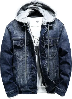 JEKE-DG Men Hoodie Jean Jacket Casual Slim Fit Denim Jacket Casual Long Sleeve Distressed Trucker Outwear with Hood