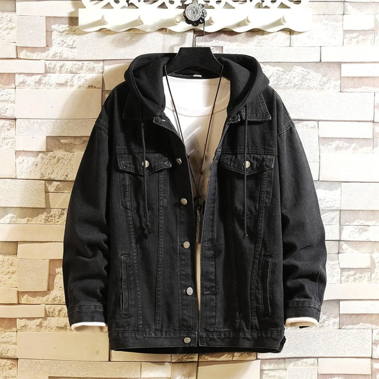 JEKE-DG Men Hoodie Jean Jacket Casual Slim Fit Denim Jacket Casual Long Sleeve Distressed Trucker Outwear with Hood