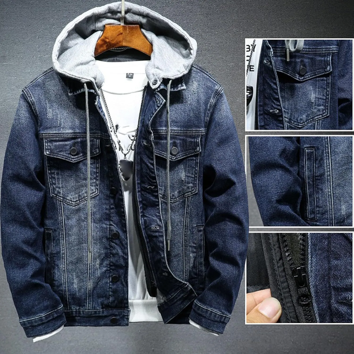 JEKE-DG Men Hoodie Jean Jacket Casual Slim Fit Denim Jacket Casual Long Sleeve Distressed Trucker Outwear with Hood
