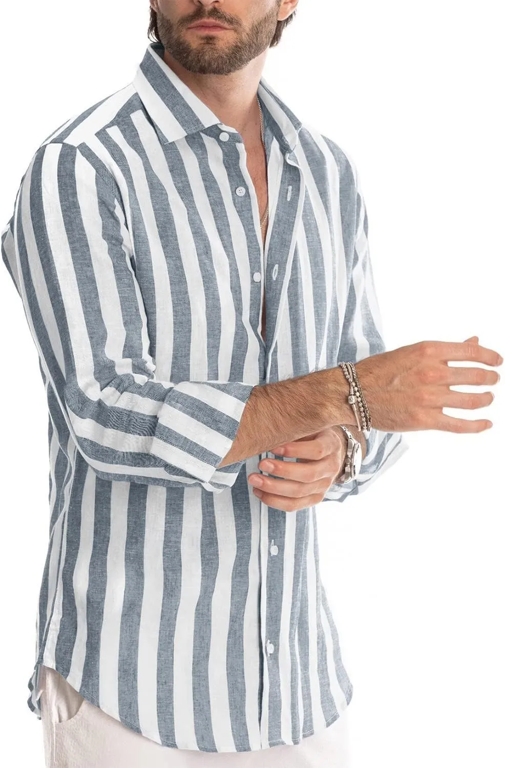 JMIERR Men's Cotton Shirts Casual Long Sleeve Button-Down Striped Dress Shirt