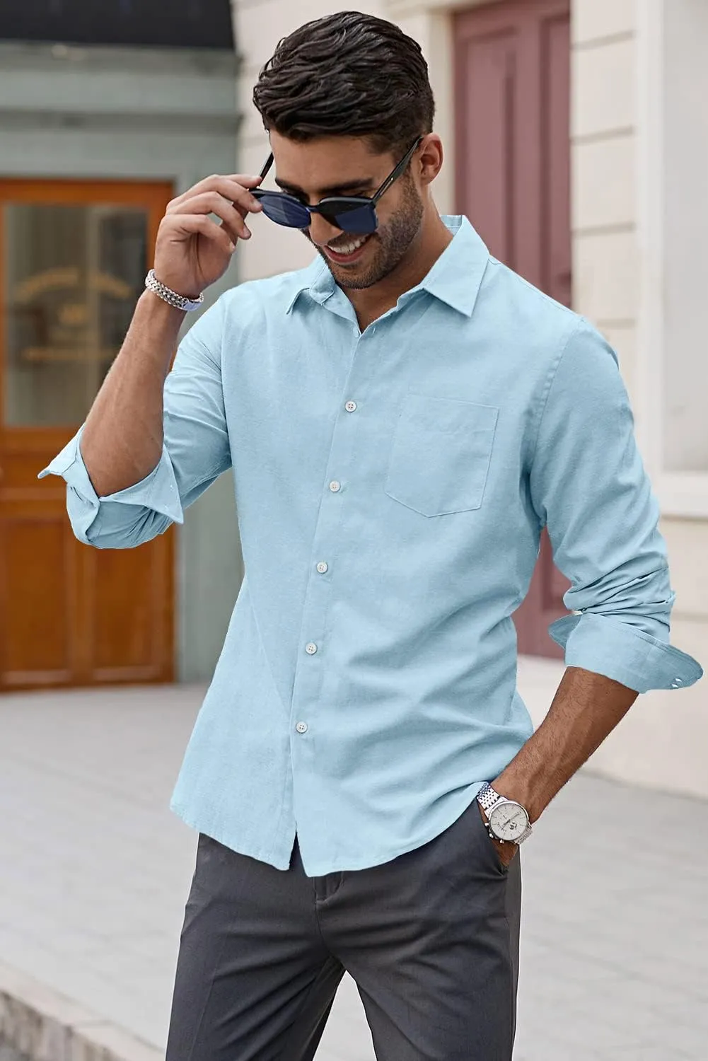 JMIERR Men's Cotton Shirts Casual Long Sleeve Button-Down Striped Dress Shirt