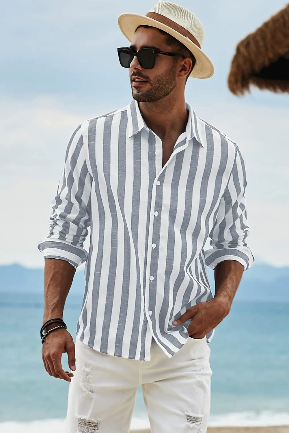 JMIERR Men's Cotton Shirts Casual Long Sleeve Button-Down Striped Dress Shirt