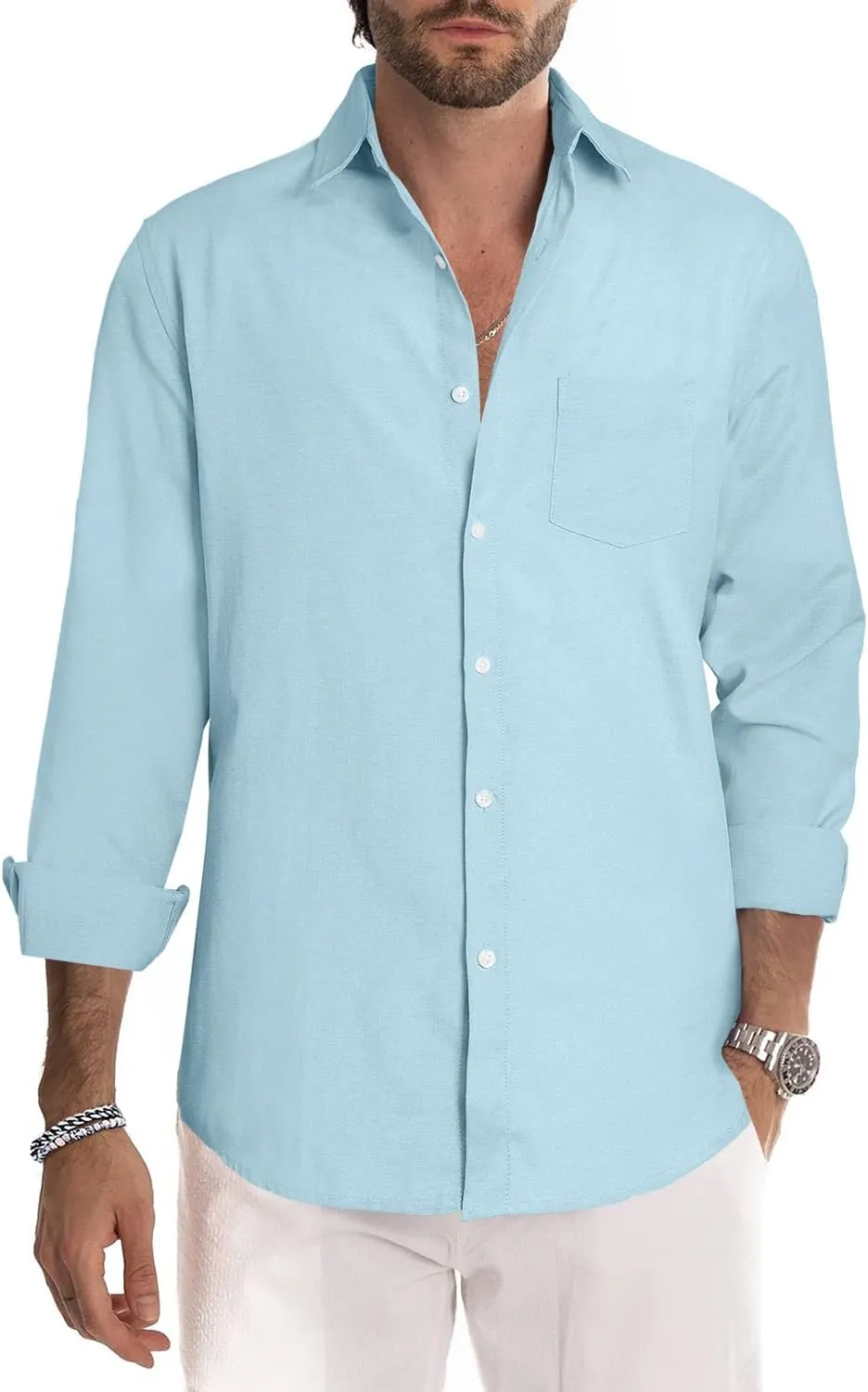 JMIERR Men's Cotton Shirts Casual Long Sleeve Button-Down Striped Dress Shirt
